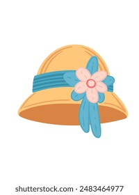 Baby children straw hat with blue strip and bow, pink flower attached to it vector illustration isolated on white background