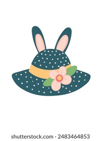 Baby children summer hat with yellow strip and flower attached to it,cap with rabbit ears vector illustration isolated on white background