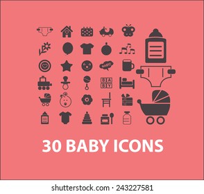 baby, children, toys, play icons, signs, illustrations, silhouettes set, vector