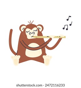 Baby chimp playing music on flute. Nice ape animal character concept design. Nursery character and personage design art. Cute monkey hand drawn flat vector illustration isolated on white background