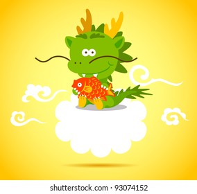 Baby Chinese Dragon holding a fish on the cloud