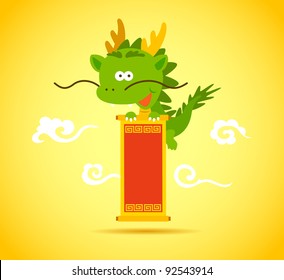 Baby Chinese Dragon smiling and holding a scroll