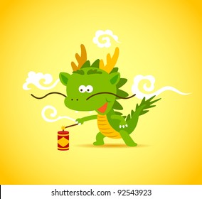 Baby Chinese Dragon smiling and holding a red packet