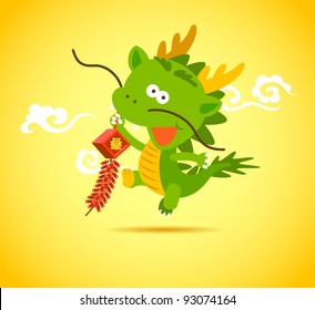 Baby Chinese Dragon smiling and holding firecrackers .