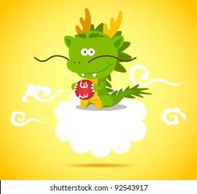 Baby Chinese Dragon smiling and playing ball on the cloud.