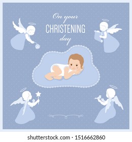 Baby christening card with place for name. Cute angels with bird, star, rose, scroll on a blue background.