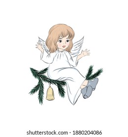 Baby Christmas angel. Biblical heavenly symbol with wings. Decor for greeting retro cards for Christmas, Easter and other religious holidays. 