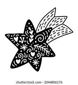 Baby Christmas cute sky falling star. Simple doodle hand drawn illustration comet in scandinavian style. Winter Vector illustration design for fabric textile, t shirt, greeting card.