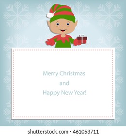 Baby Christmas frame on blue background with snowflakes with the elf upstairs. template postcard greeting. new year vector illustration