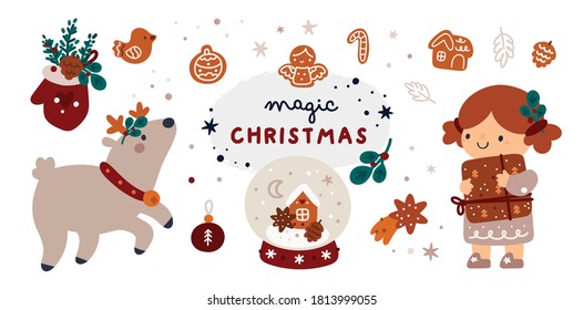 Baby Christmas Holiday collection with deer, gingerbread, gifts, decorations and cozy winter accessories. Merry Christmas and a happy new year! Milestone set for holiday card, poster, party decor
