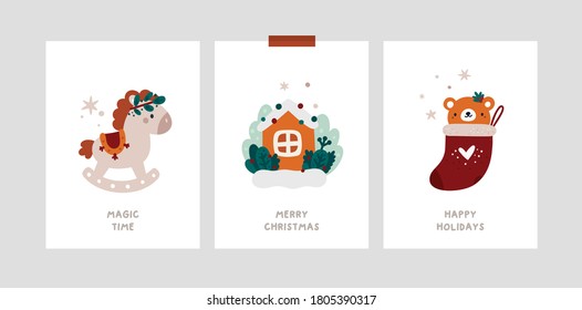 Baby Christmas Holiday milestone cards in scandinavian style. Festive xmas greeting cards vector template. Happy new year or Merry Christmas postcards, poster, banner, kids room decoration