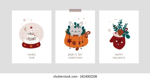 Bebé tarjetas de hitos navideñas con conejito, árbol de navidad, miten. Plantilla vectorial de tarjetas de felicitación de Navidad festiva. Feliz año nuevo o Feliz Navidad postales, afiche, banner, decoración de habitación