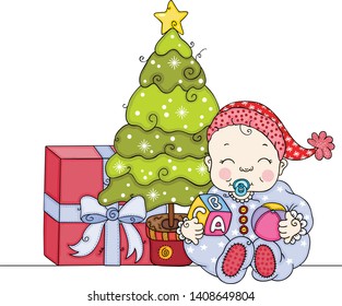 Baby with Christmas tree and gift