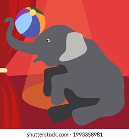 A baby circus elephant playing big ball. Elephant mascot show vector illustration for advertising banner, social media, poster. Cute animal circus show.