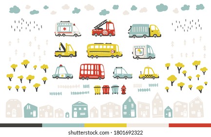 Baby city cars set with cute houses and trees. Funny transport. Cartoon vector illustration in simple childish hand-drawn Scandinavian style for kids. The fire engine, ambulance, police, bus