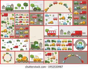 Baby city cars set. Vector cartoon illustrations for kids, nursery, poster, card, birthday party, baby t-shirts.