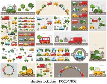 Baby city cars set. Vector cartoon illustrations for kids, nursery, poster, card, birthday party, baby t-shirts.