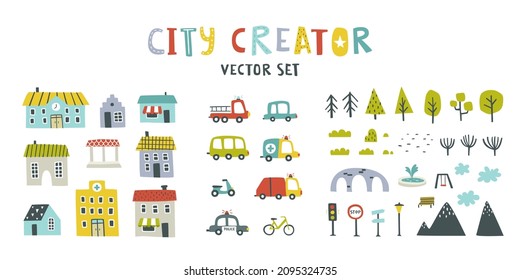 Baby city constructor set. Town simple vector creator for kids map. Elements for nursery design: houses, cars, trees, mountains, infrastructure. 