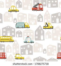 Baby City landscape with transport. Vector seamless pattern. Cartoon illustration in childish hand-drawn scandinavian style. For nursery room, textile, wallpaper, packaging, clothing, etc.