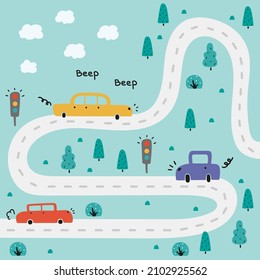 Baby City map with cars, trees, road, text. Hand drawn vector illustration