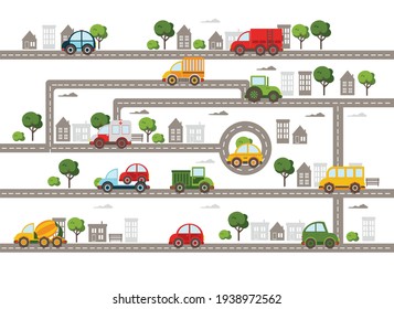 Baby City Map With Roads, Cars, Transport, Trees And Houses. Flat Vector Illustration.