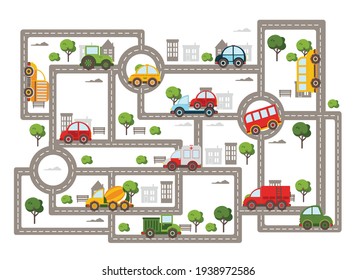 Baby City map with roads, cars, transport, trees and houses. Flat vector illustration.