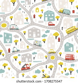 Baby City map with roads and transport. Vector seamless pattern. Cartoon illustration in childish hand-drawn scandinavian style. For nursery room, textile, wallpaper, packaging, clothing, etc.