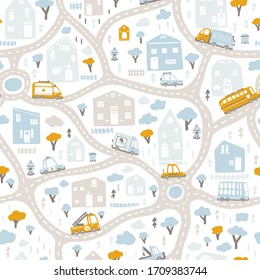 Baby City Map With Roads And Transport. Vector Seamless Pattern. Cartoon Illustration In Childish Hand-drawn Scandinavian Style. For Nursery Room, Textile, Wallpaper, Packaging, Clothing, Etc.