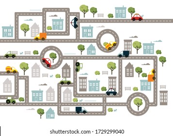 Mapa de la Ciudad del Bebé con carreteras, transporte, árboles y casas. Ilustración vectorial plana. 