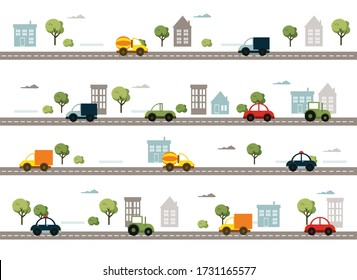 Baby City map with roads, transport, trees and houses. Flat vector illustration. 