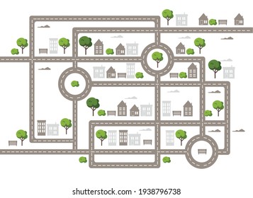 Baby City map with roads, trees and houses. Flat vector illustration.