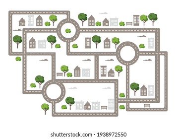 Baby City map with roads, trees and houses. Flat vector illustration.
