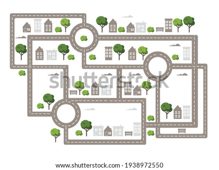 Baby City map with roads, trees and houses. Flat vector illustration.
