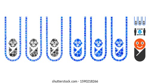 Baby cloning test-tubes composition of filled circles in variable sizes and color tones, based on baby cloning test-tubes icon. Vector filled circles are grouped into blue illustration.