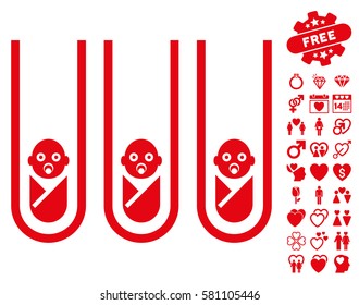 Baby Cloning Test-Tubes icon with bonus love graphic icons. Vector illustration style is flat iconic red symbols on white background.