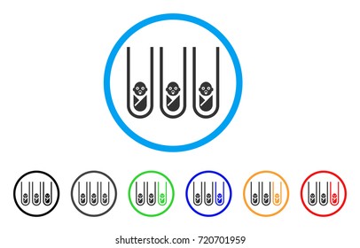 Baby Cloning Test-Tubes rounded icon. Style is a flat baby cloning test-tubes gray symbol inside light blue circle with black, gray, green, blue, red, orange color versions.
