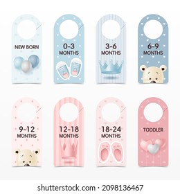 Baby closet dividers hangers set of 8 Baby monthly clothes organizer Nursery wardrobe and kid fashion toy and accessories shop with balloon, cute bear, shoes for children sale store. vector