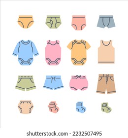 Iconos de línea de relleno de color de tela de bebé. Los niños visten pictogramas lineales simples. Prendas de vestir para niños. Ropa interior, bragas, enterizos, pantalones cortos y calcetines. Equipo para recién nacidos, niños pequeños, niños, niñas