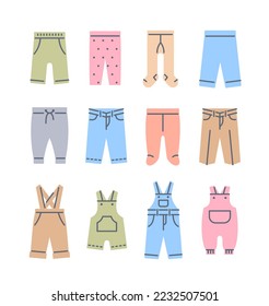 Baby cloth color fill line icons. Kids clothing simple pictograms. Pants, jeans, sweatpants, leggings and bodysuits. Children wardrobe garments. Outfit for newborn child, toddler, little boy or girl