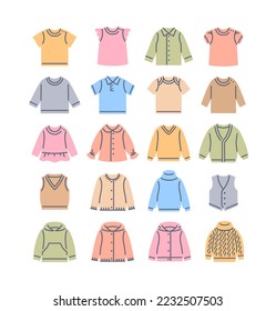 Baby cloth color fill line icons. Simple linear pictograms of kids clothing. Different shirts, sweaters, cardigans and vests. Outline children wardrobe garment. Outfit for toddler, little boy or girl