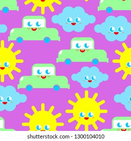 Baby cloth Cute pattern. funny sun and cloud and car cartoon style background. kids character texture. Childrens style