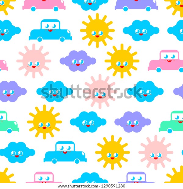 Baby\
cloth Cute pattern. funny sun and cloud and car cartoon style\
background. kids character texture. Childrens\
style