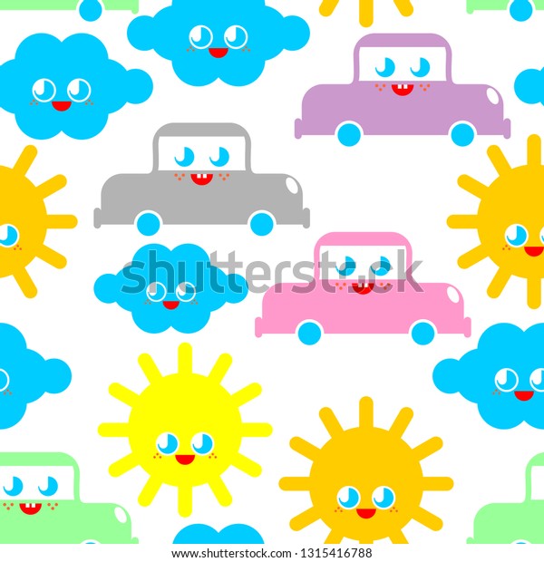 Baby\
cloth Cute pattern. funny sun and cloud and car cartoon style\
background. kids character texture. Childrens\
style