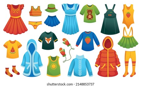 Baby Cloth For Girl. Child Fashion Design Element For Girl. Vector Trousers, Skirt And Sweater Model Images For Girl