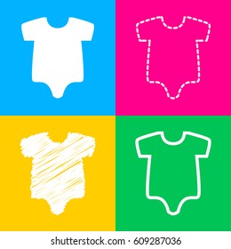 Baby cloth illustration. Four styles of icon on four color squares.