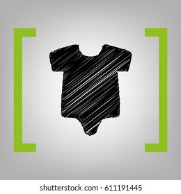 Baby cloth illustration. Vector. Black scribble icon in citron brackets on grayish background.