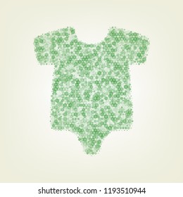 Baby cloth illustration. Vector. Green hexagon rastered icon and noised opacity and size at light green background with central light.