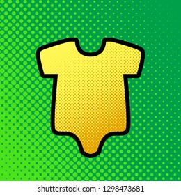 Baby cloth illustration. Vector. Pop art orange to yellow dots-gradient icon with black contour at greenish background.