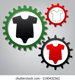 Baby cloth illustration. Vector. Three connected gears with icons at grayish background.