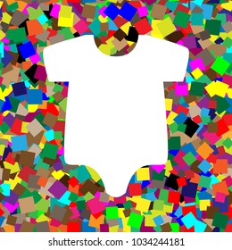 Baby cloth illustration. Vector. White icon on colorful background with seamless pattern from squares.